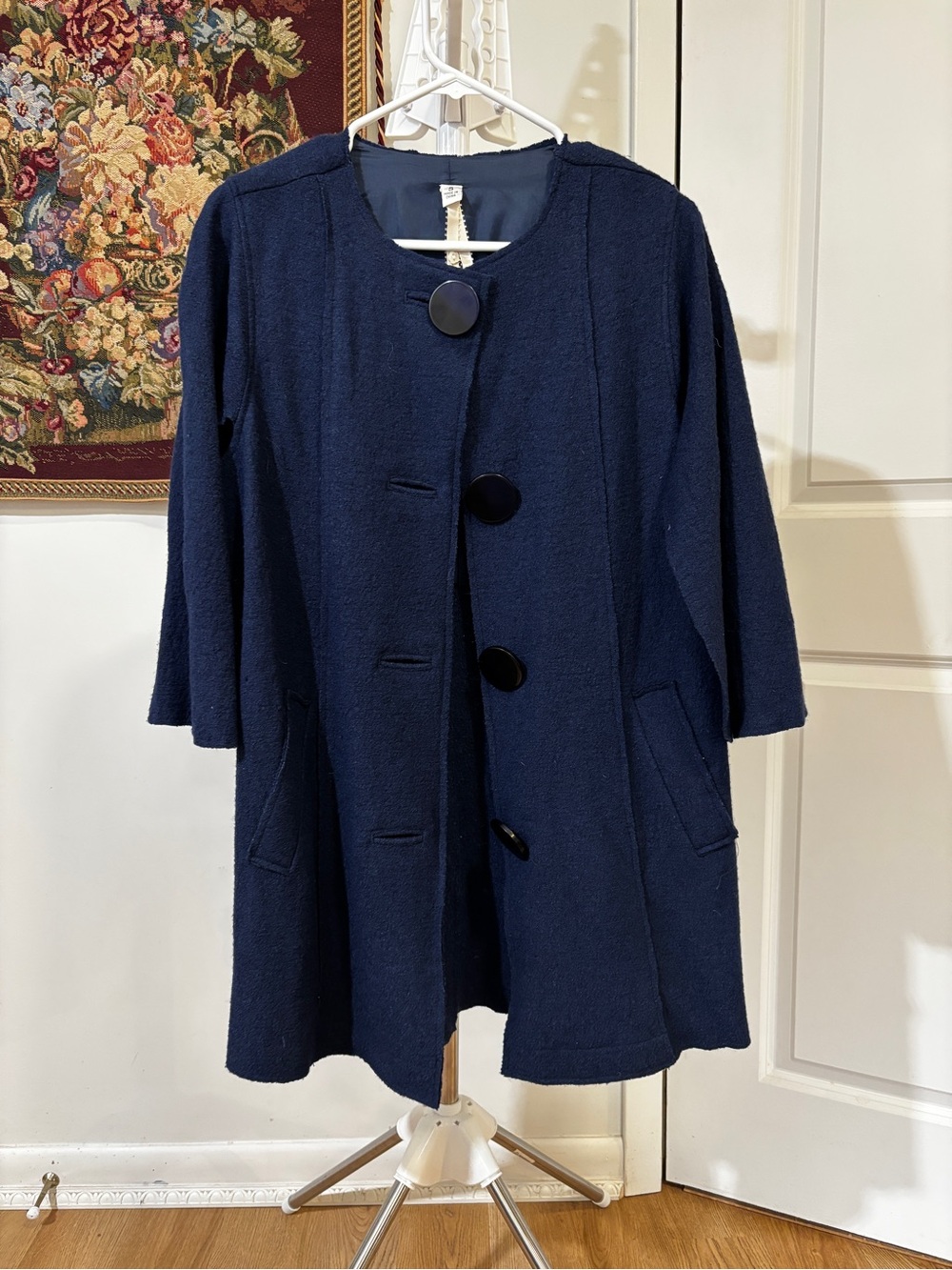 Uncle Frank Navy Wool Blend Swing Coat Cape Sleeve Oversized Button Small
